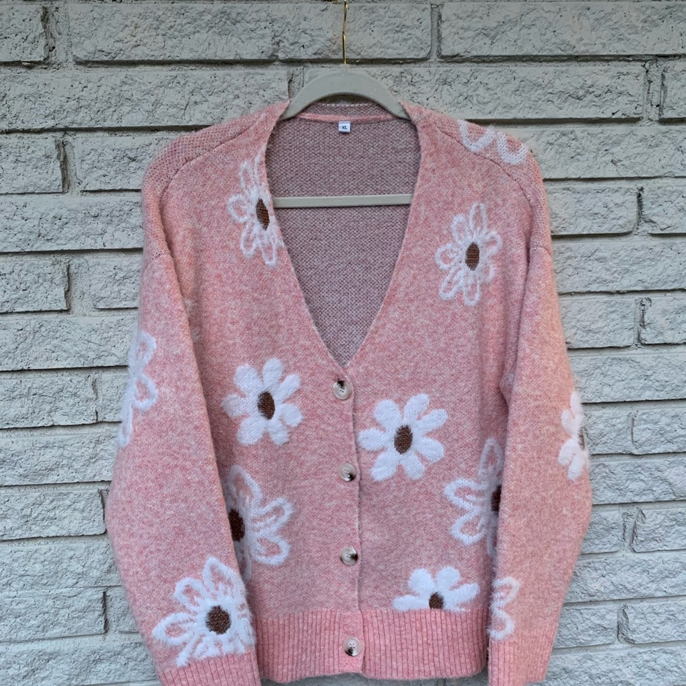 Pink Floral Button-Up Sweater